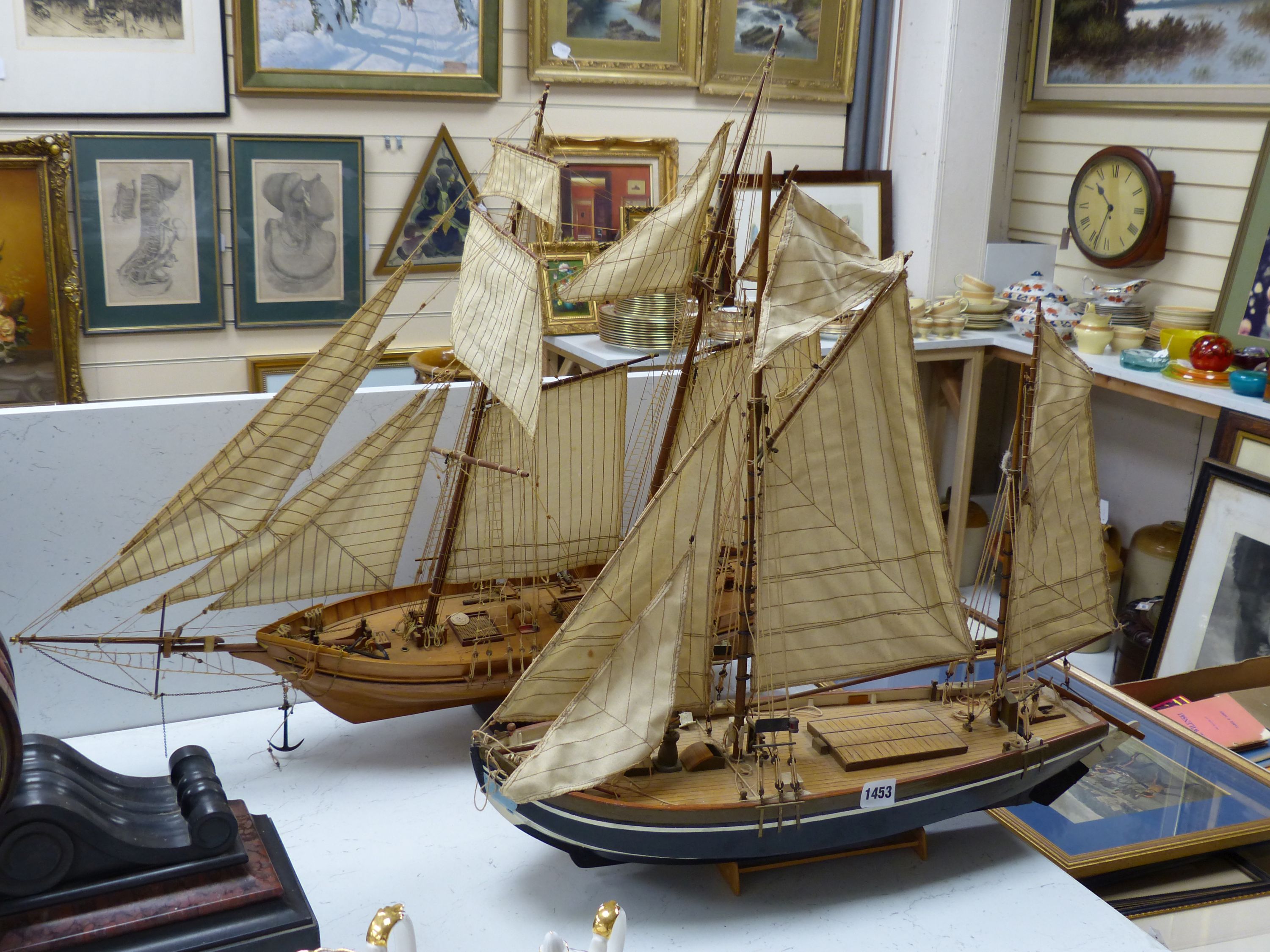 Two scratch built model boats, a clipper and a barge, larger 90 cm